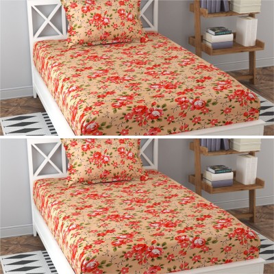 Prosseya 210 TC Cotton Single Floral Flat Bedsheet(Pack of 2, Peach)