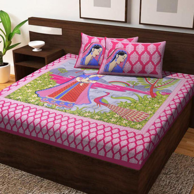New Era Creation Cotton Double Flat 300 TC Jaipuri Prints Bedsheet(Pack of 1, Pink)