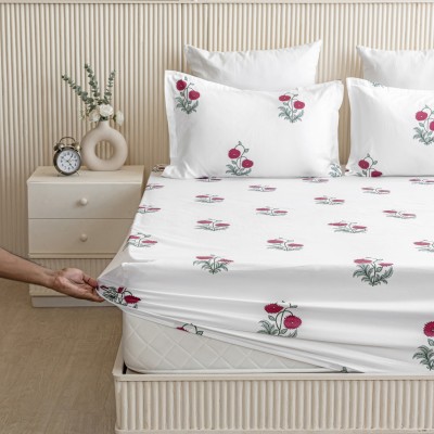 HOMEMONDE 210 TC Cotton Double Printed Fitted (Elastic) Bedsheet(Pack of 1, Red Rose)