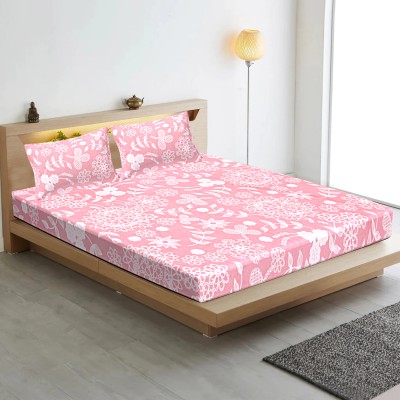 INDHOME LIFE 210 TC Cotton Queen Floral Fitted (Elastic) Bedsheet(Pack of 1, Pink)