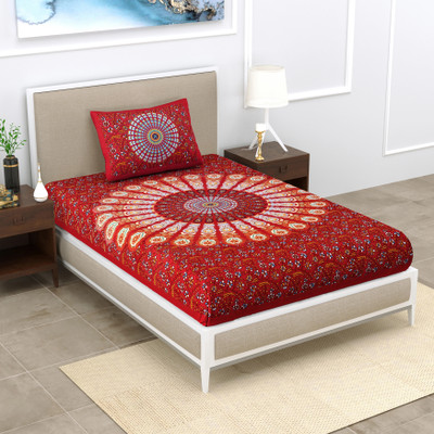 Cosito 144 TC Cotton Single Jaipuri Prints Flat Bedsheet(Pack of 1, Red 1)