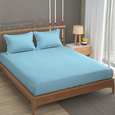 REDROME Cotton Double Flat 300 TC Striped Bedsheet(Pack of 1, Aqua)