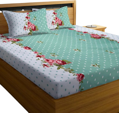 GOODLO 250 TC Microfiber Double 3D Printed Fitted (Elastic) Bedsheet(Pack of 1, Green)