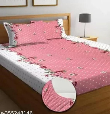 TOZO SHINE 210 TC Microfiber King Printed Fitted (Elastic) Bedsheet(Pack of 1, PINK WHITE)