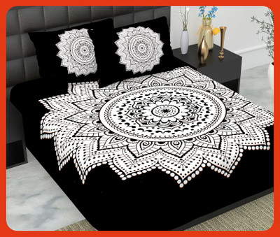 BedZone Cotton Double Flat 240 TC Jaipuri Prints Bedsheet(Pack of 1, Black)