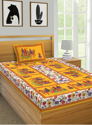 KAANY FAB 104 TC Cotton Double Jaipuri Prints Flat Bedsheet(Pack of 1, Yellow)