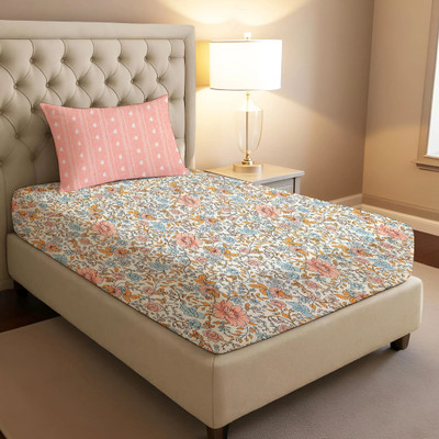 BharatLinen 144 TC Cotton Single Jaipuri Prints Flat Bedsheet(Pack of 1, Pink with white stripes)