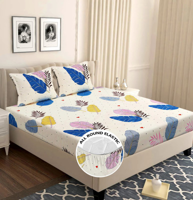 VAS COLLECTIONS 144 TC Microfiber Double Abstract Fitted (Elastic) Bedsheet(Pack of 1, Beige Leaf)