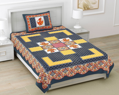 BharatLinen Cotton Single Flat 200 TC Jaipuri Prints Bedsheet(Pack of 1, Grey, Yellow)