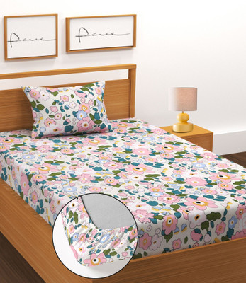 BLUEDOT Cotton Single Fitted (Elastic) 180 TC Floral Bedsheet(Pack of 1, White, Multicolor)