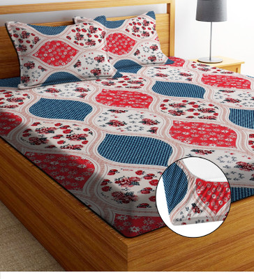 EXFAB 244 TC Cotton Double Printed Fitted (Elastic) Bedsheet(Pack of 1, Pink, Multicolor)