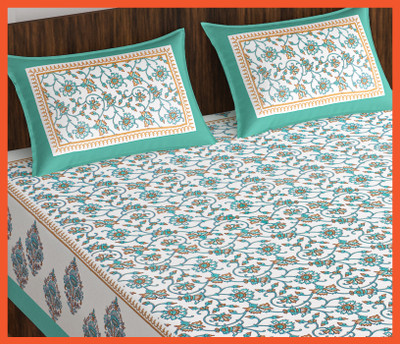 JAIPUR PRINTS Cotton Double Flat 240 TC Jaipuri Prints Bedsheet(Pack of 1, Sky)