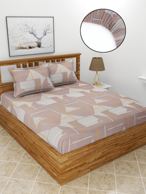 MORADO 210 TC Polycotton Double Printed Fitted (Elastic) Bedsheet(Pack of 1, Brown)