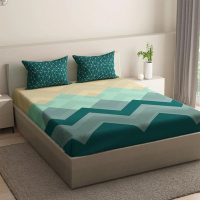 Wakefit Cotton Queen Fitted (Elastic) 144 TC Geometric Bedsheet(Pack of 1, Michele)
