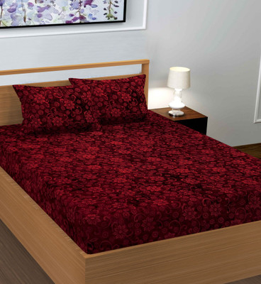 RIBUGROUP Velvet Double Fitted (Elastic) 300 TC Solid Bedsheet(Pack of 1, Red)