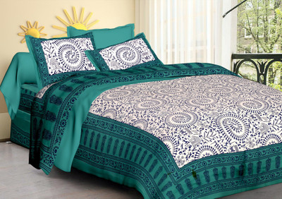 Elma Cotton Double Flat 151 TC Jaipuri Prints Bedsheet(Pack of 1, Green, white)