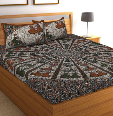 Diva Collection 144 TC Cotton Double Jaipuri Prints Flat Bedsheet(Pack of 1, Brown)