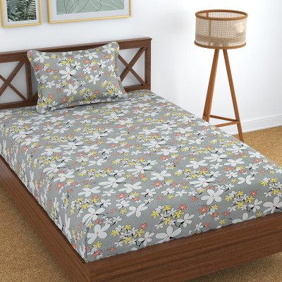Homefab India 180 TC Microfiber Single Printed Flat Bedsheet(Pack of 1, Silver)