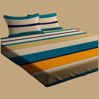 Zivias 190 TC Cotton King 3D Printed Fitted (Elastic) Bedsheet(Pack of 1, Multicolor Striped Design)
