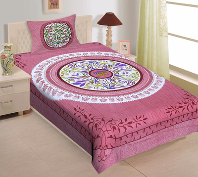 Ubania Collection 140 TC Cotton Single Jaipuri Prints Flat Bedsheet(Pack of 1, Peach)