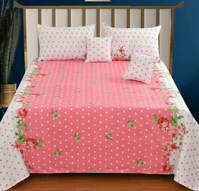 NCS Cotton Double Flat 300 TC Floral Bedsheet(Pack of 1, 1 Bedsheet + 2 Quilted PillowCover + 2 Quilted CushionCovers with Filler)