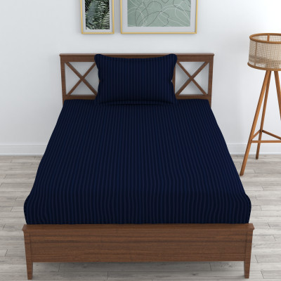 RRB TEXTILE 180 TC Microfiber Single Striped Fitted (Elastic) Bedsheet(Pack of 1, Navy Blue)