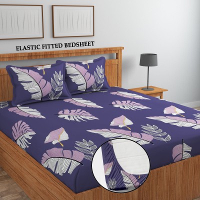 real dream 300 TC Cotton Double Printed Fitted (Elastic) Bedsheet(Pack of 1, Purple pankh (1 Fitted Bedsheet + 2 Pillow Cover + 2 Cushion Covers with Filler))