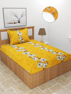 MORADO 210 TC Polycotton Single Printed Fitted (Elastic) Bedsheet(Pack of 1, Mustard)