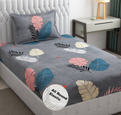 Nt@ub 190 TC Cotton Single Floral Fitted (Elastic) Bedsheet(Pack of 1, Grey Leaf)