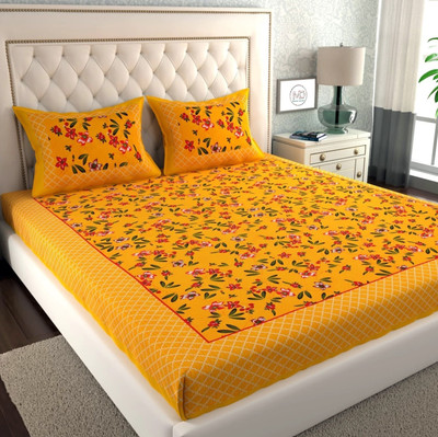 Mohini Dyeing Cotton Double Flat 144 TC Printed Bedsheet(Pack of 1, Yellow)