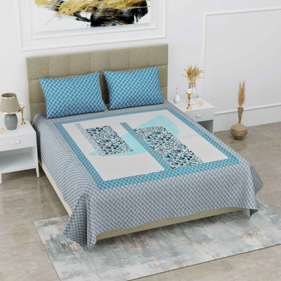 Loroco Cotton Double Flat 108 TC Abstract Bedsheet(Pack of 1, Blue)