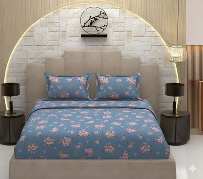 t tungol Cotton Blend Single Fitted (Elastic) 220 TC Floral Bedsheet(Pack of 1, Blue)