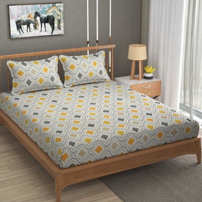 BROMWICK 180 TC Microfiber Double Checkered Flat Bedsheet(Pack of 1, White Yellow)