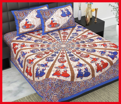 JAIPUR PRINTS Cotton Double Flat 240 TC Jaipuri Prints Bedsheet(Pack of 1, Blue)
