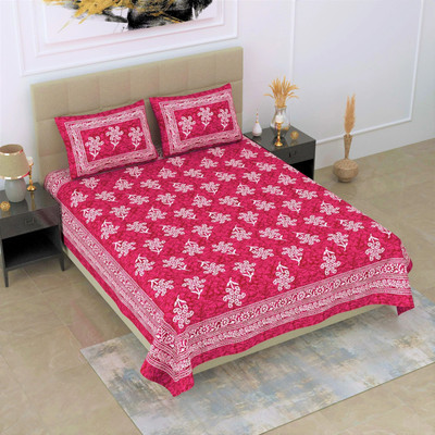 BharatLinen Cotton Queen Flat 144 TC Jaipuri Prints Bedsheet(Pack of 1, Pink)