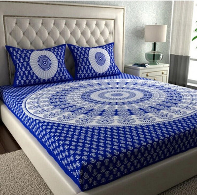 PahalArts 144 TC Cotton Double Jaipuri Prints Flat Bedsheet(Pack of 1, Blue)