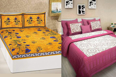 PALANG SHOBHA Cotton Double Flat 240 TC Jaipuri Prints Bedsheet(Pack of 2, Pink, Yellow)