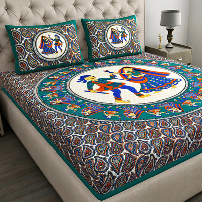 Leo Creation 144 TC Cotton Double Jaipuri Prints Flat Bedsheet(Pack of 1, Green, Orange, Black, Blue, Beige)