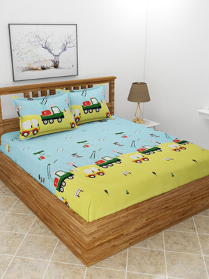 BREVARD Polycotton Queen Flat 210 TC Printed Bedsheet(Pack of 1, Yellow Blue)