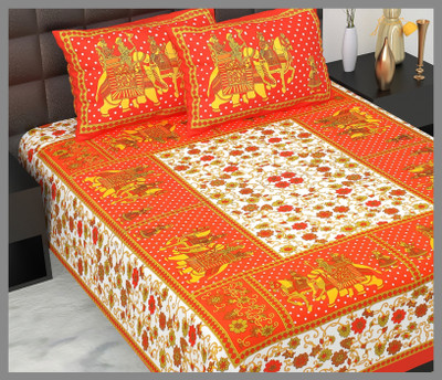 JAIPUR PRINTS Cotton Double Flat 144 TC Jaipuri Prints Bedsheet(Pack of 1, Orange)