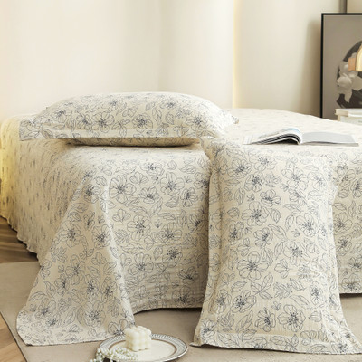 Story@home Satin King Flat 300 TC Floral Bedsheet(Pack of 1, Off White, Grey)