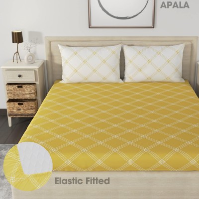 Apala 280 TC Microfiber King Geometric Fitted (Elastic) Bedsheet(Pack of 1, Yellow & White)