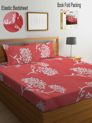 Klotthe 300 TC Polycotton Double Printed Fitted (Elastic) Bedsheet(Pack of 1, Red)