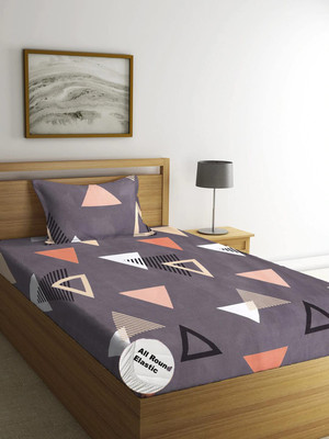 DECOMIZER 210 TC Cotton Single Printed Fitted (Elastic) Bedsheet(Pack of 1, Grey)