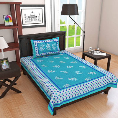 Ubania Collection Cotton Single Flat 140 TC Printed Bedsheet(Pack of 1, Sky Blue)