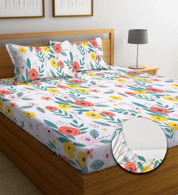 AVINYA 244 TC Cotton Single Printed Fitted (Elastic) Bedsheet(Pack of 1, Red Phol)