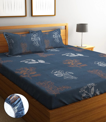 Home Sizzler 210 TC Microfiber Double Abstract Fitted (Elastic) Bedsheet(Pack of 1, Ocean Blue)