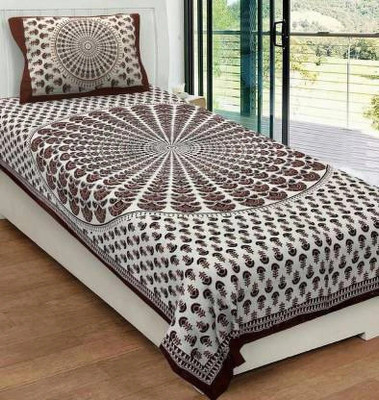 HOMEQUIPO 140 TC Cotton Single Jaipuri Prints Flat Bedsheet(Pack of 1, Brown)