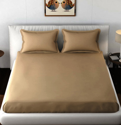 BEVI Microfiber Double Fitted (Elastic) 300 TC Solid Bedsheet(Pack of 1, Beige)