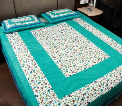 Dreamsoft 144 TC Cotton Double Jaipuri Prints Flat Bedsheet(Pack of 1, SeaGreen)